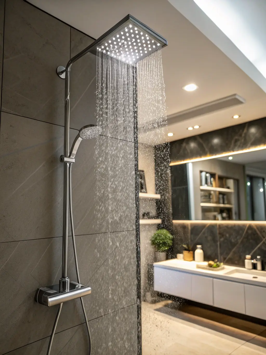 A high-quality chrome rain shower head with a large, circular design, featuring multiple tiny nozzles evenly spaced across the surface. The finish is shiny and reflective, with a modern, minimalist aesthetic. The shower head is mounted on a sleek, metallic arm, emphasizing its premium build and elegant appearance.