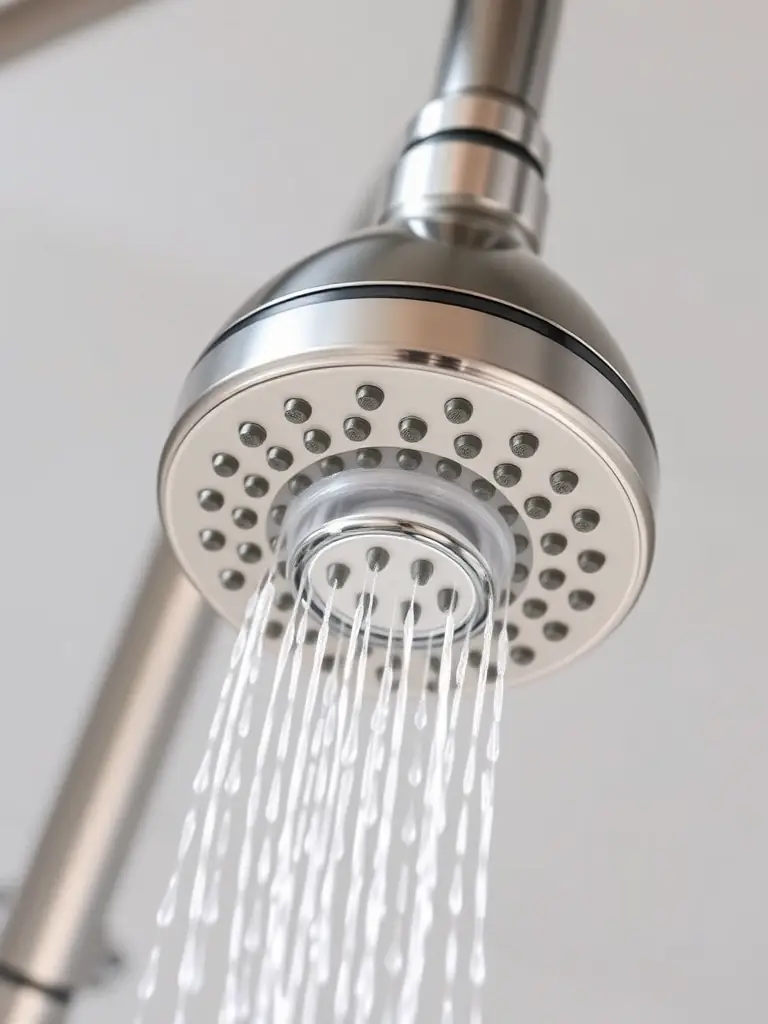 A compact, rectangular shower filter with a matte white finish and subtle mineral stone accents visible through a transparent window. It is mounted on a standard shower arm, showcasing its simple yet effective design aimed at mineral infusion and filtration.