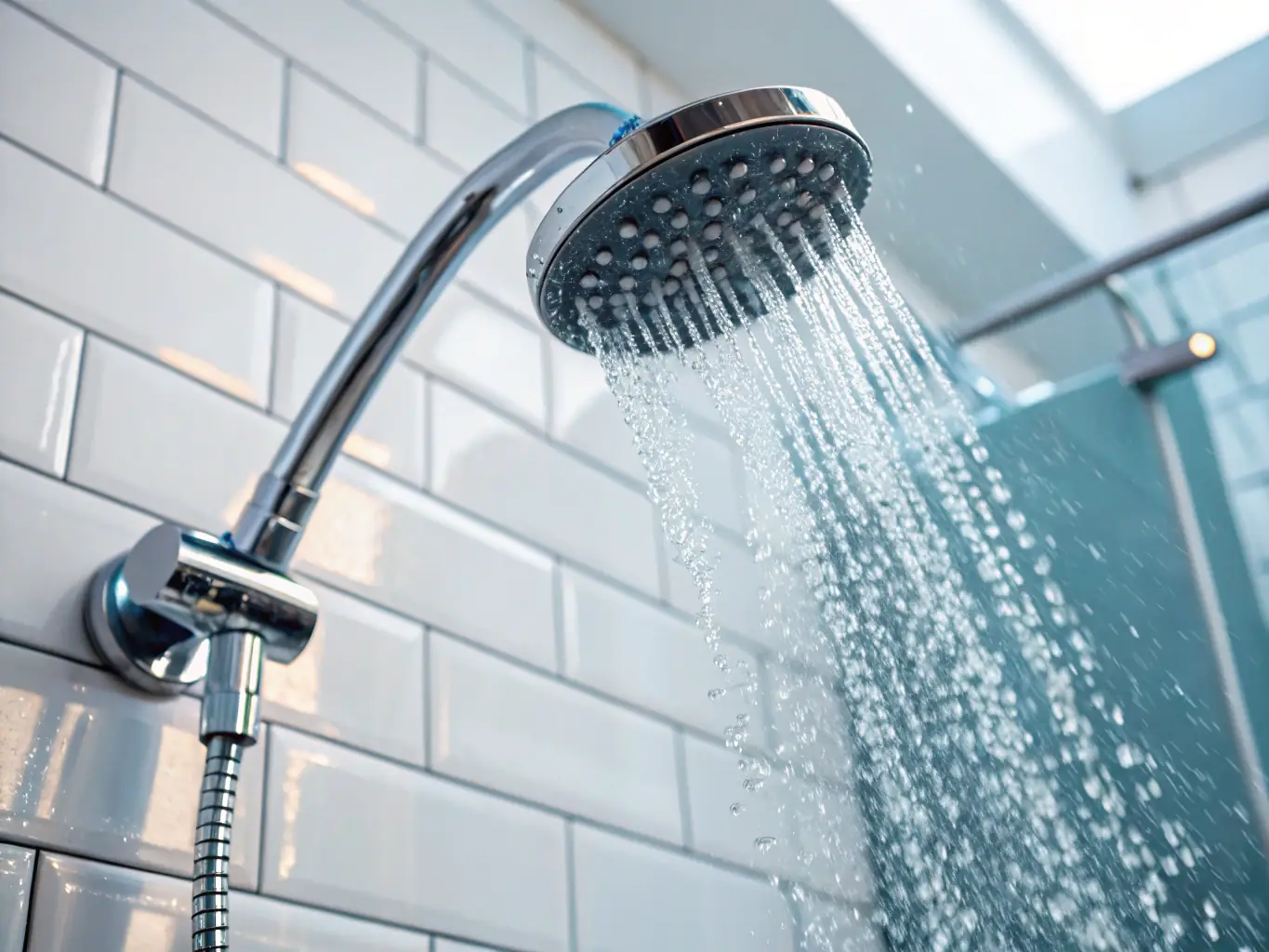 A close-up of a shower filter installed in a modern bathroom, with clear, purified water flowing through it, emphasizing the ease of installation and the immediate benefits of cleaner shower water.