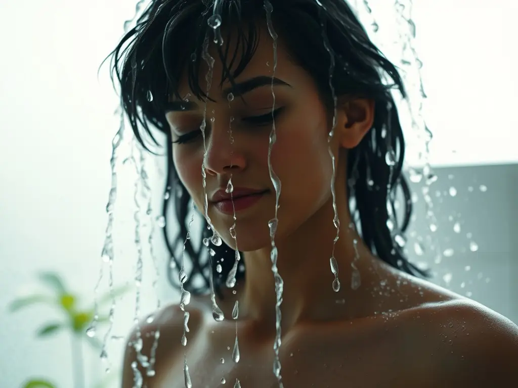 A person enjoying a refreshing shower with soft, filtered water cascading over their skin, highlighting the purity and clarity of the water, with a focus on the serene and healthy atmosphere of the bathroom.