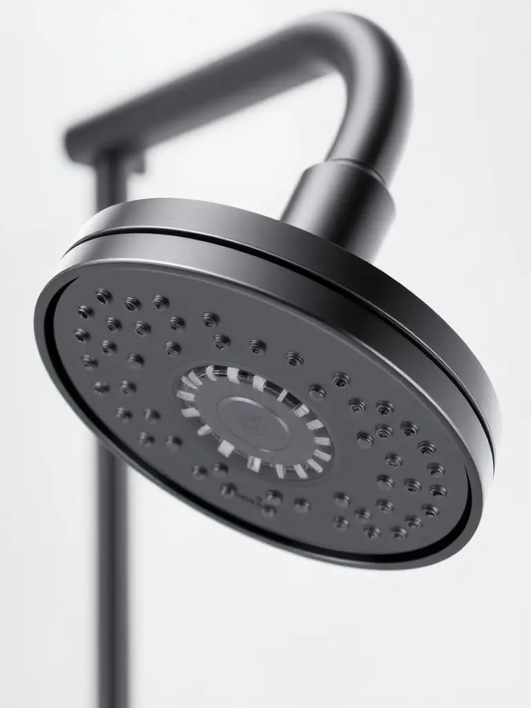 A compact, eco-friendly shower head with a matte finish, featuring a streamlined, ergonomic shape. The spray face has multiple small nozzles arranged in a pattern that promotes efficient water flow. The overall look is modern and minimalistic, emphasizing sustainability and performance.